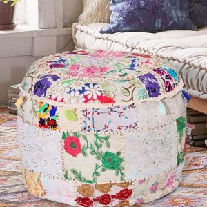 Aakriti Gallery Indian Pouf Footstool Ethnic Embroidered Pouf Cover, Indian Cotton Round Pouffe Ottoman Pouf Cover Pillow Ethnic Decor Art - Cover Only (White, 18x13)