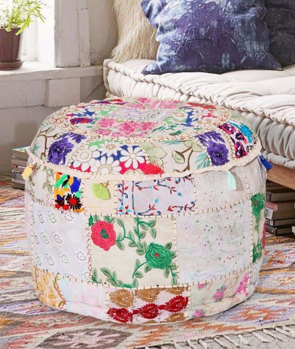 Aakriti Gallery Indian Pouf Footstool Ethnic Embroidered Pouf Cover, Indian Cotton Round Pouffe Ottoman Pouf Cover Pillow Ethnic Decor Art - Cover Only (White, 18x13)