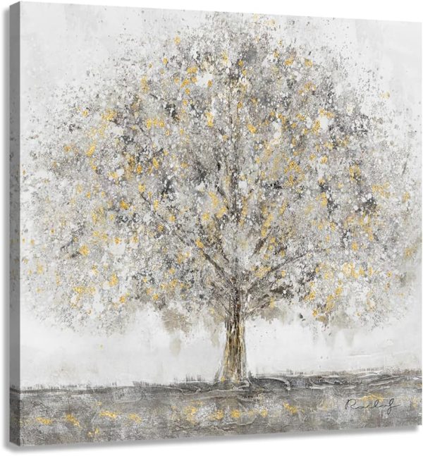 Abstract Tree Pictures Wall Art Gray Modern Artwork with Gold Decor Painting Prints on Canvas for Bathroom Bedroom Walls Decoration 12x12