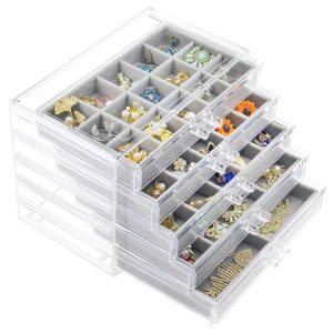 Acrylic Jewelry Box with 5 Drawers, Clear Earring Storage Organizer Display Case for Women Girls, Gray