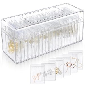 Acrylic Jewelry Organizer, Clear Acrylic Jewelry Box Organizer With 20 Portable Anti Tarnish Jewelry Bags, Clear Earring Storage Organizer For Rings/Necklaces For Women Girls