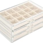 Acrylic Jewelry Organizer Makeup Cosmetic Storage Organizer box Clear Jewelry Case with 3 Drawers Adjustable Jewelry Box Velvet Trays grid size