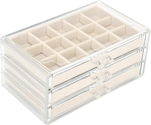 Acrylic Jewelry Organizer Makeup Cosmetic Storage Organizer box Clear Jewelry Case with 3 Drawers Adjustable Jewelry Box Velvet Trays grid size