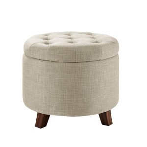 Amazon Basics Upholstered Tufted Storage Round Ottoman Footstool, Linen, Burlap Beige, ‎20"W x 20"D x 17"H