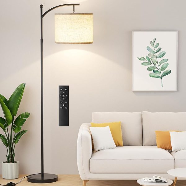 Ambimall Floor Lamp with Remote Control and Stepless Dimmable Bulb, Colors Temperature & Brightness Adjustable, Modern Floor Lamps for Living Room（Beige Shade & Black Pole）