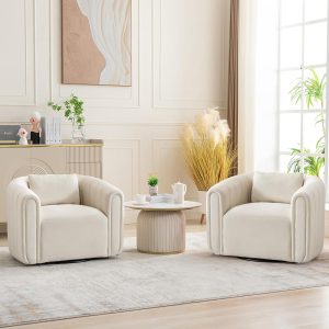 ANJ Swivel Barrel Chair Set of 2 with Plump Pillow, Modern Channel Dutch Velvet Accent Chair, Comfy Round Armchair, Swivel Accent Chair for Nursery Living Room Bedroom (Beige)