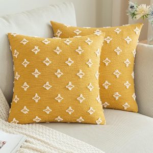 ANRODUO Pack of 2 Yellow Boho Decorative Throw Pillow Covers with Tufted Rhombic Jacquard for Fall Room Decor Boho Pillow Covers Decorations 18x18 Cute and Soft Pillowcase for...