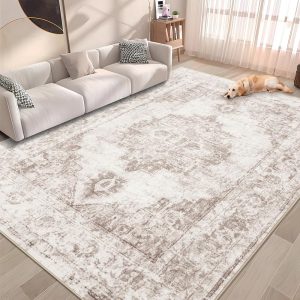 Area Rug 6x9 Vintage Rug: Washable Indoor Medallion Rug Low Pile Distressed Floor Carpet Retro Accent Rug for Living Room Bedroom Kitchen Dining Table Home Office(Beige, 6'x9')