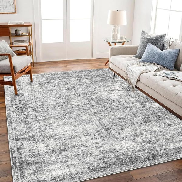 Area Rug 6x9 Washable Rug Gray Vintage Rug Traditional Floor Cover Thin Rug Retro Kitchen Indoor Distressed Non Slip Carpet Floral Print Mat Living Room Bedroom Dining Room