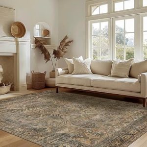 Area Rug 8x10 Machine Washable Vintage Distressed Print Ultra-Thin Chenille Bedroom Living Room Accent Rug, Low Pile Lightweight Non Slip with Gripper, Sage/Charcoal