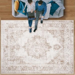 Area Rug 8x10 Vintage Rug: Large Washable Indoor Medallion Rug Low Pile Distressed Floor Carpet Retro Accent Rug for Living Room Bedroom Kitchen Dining Table Home Office(Beige,...