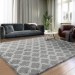 Area Rugs 8x10, Shag Rugs for Living Room, High Pile Fluffy Carpet for Bedroom, Kids Room, Nursery, Home Decor, Geometric, Light Grey/White