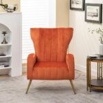 Armchair Modern Velvet Accent Chair, Channel Tufted Bedroom, Office or Living Room Furniture with Elegant Metal Legs, Orange Red