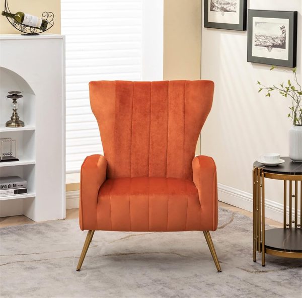 Armchair Modern Velvet Accent Chair, Channel Tufted Bedroom, Office or Living Room Furniture with Elegant Metal Legs, Orange Red