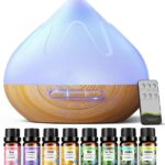 Aroma Diffiser with Essential Oils Set, 500 ML Essential Oil Diffuser with Remote Control, Humidifier with 14 Color Lights for Large Room, 4 Timer Setting, Auto Shut-Off