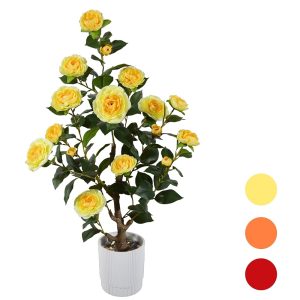 Artificial Camellia Tree 3ft, Fake Camellia Plant in White Pot, Faux Camellia Silk Flower Potted Tree for Indoor Outdoor Home Livingroom Office Decor (Yellow)