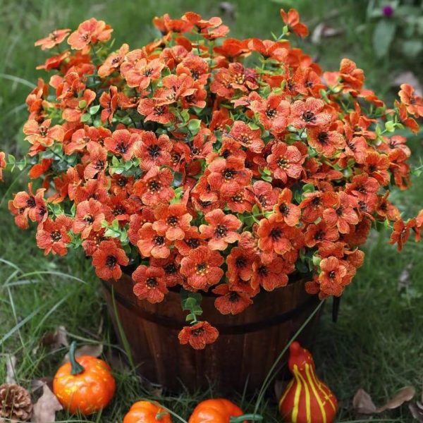 Artificial Fake Fall Plants Flowers for Outdoor Outside, 12 Bundles Faux Autumn Orange Silk Mums UV Resistant Look Real for Planter Porch Patio Garden Decoration