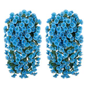 Artificial Fake Hanging Plants Flowers for Outdoor Outside Decoration, 2PCS Faux Silk Blue Morning Glory Long Vines UV Resistant Look Real for Home Porch Patio Planter