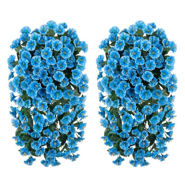 Artificial Fake Hanging Plants Flowers for Outdoor Outside Decoration, 2PCS Faux Silk Blue Morning Glory Long Vines UV Resistant Look Real for Home Porch Patio Planter