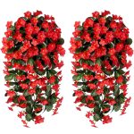 Artificial Fake Hanging Plants Flowers for Outdoor Outside Summer Spring Decoration, 2 PCS Faux Silk Red Orchid Long Vines UV Resistant Realistic for Home Indoor Porch Patio...