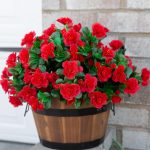 Artificial Faux Outdoor Outside Flowers Plants for Fall Autumn, Fake Silk Red Camellia UV Resistant Realistic for Planter Front Door Porch Patio Balcony, 3 Bundles