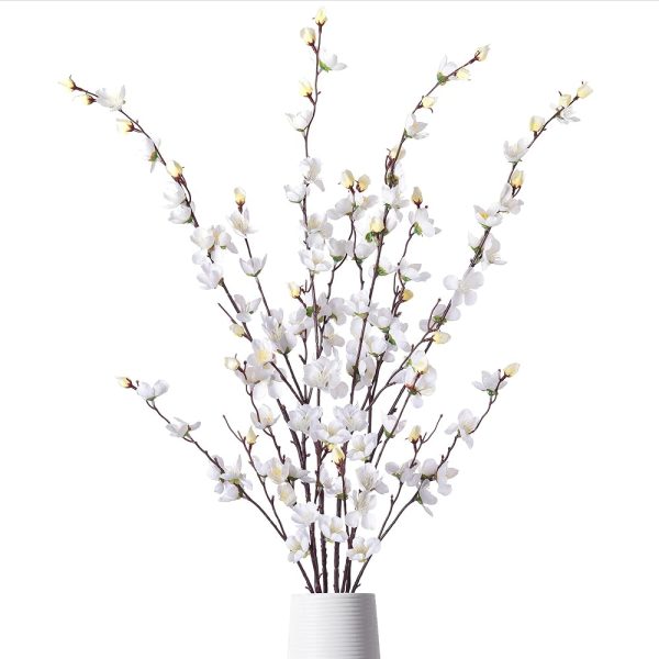 Artificial Faux Plants Flowers Indoor Spring Summer Decor, 4 Bundles Fake Silk Plum Blossom,Faux Silk Cherry Blossom Branches for Wedding Office Party Hotel Home Decor, Vase Not...