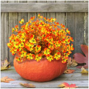 Artificial Flowers Fake Pansy and Eucalyptus Plants 10 Bundles Faux Silk Outdoor UV Resistance Flowers for Home Wedding Garden Porch Table Centerpieces Indoor Decor (Autumn Orange)