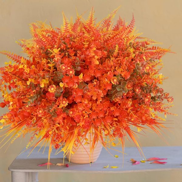 Artificial Flowers for Outdoor,16pcs Orange Autumn Artificial Flowers,Artificial Fall Flowers for Outdoors Fake Faux Plastic Plants for Home Garden Outside Porch Decor (B...