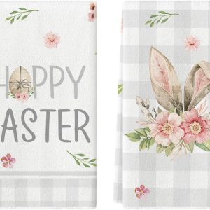 Artoid Mode Happy Easter Bunny Flower Kitchen Dish Towels, 18 x 26 Inch Seasonal Spring Easter Rabbit Ultra Absorbent Drying Cloth Tea Towels for Cooking Baking Set of 2