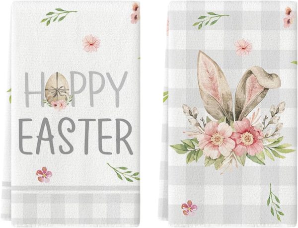 Artoid Mode Happy Easter Bunny Flower Kitchen Dish Towels, 18 x 26 Inch Seasonal Spring Easter Rabbit Ultra Absorbent Drying Cloth Tea Towels for Cooking Baking Set of 2