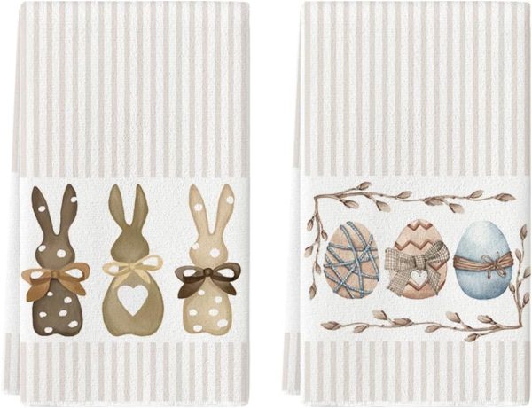 Artoid Mode Stripe Rabbit Bunny Eggs Easter Kitchen Towels Dish Towels, 18x26 Inch Spring Decoration Hand Towels Set of 2