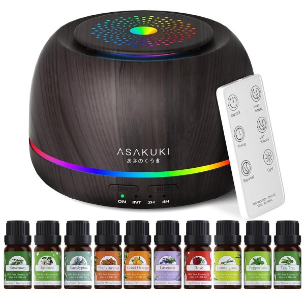 ASAKUKI Essential Oil Diffusers with 10Pcs*10ml Pure Essential Oil Gift Set, 5 in 1 Ultrasonic 300ML Aromatherapy Fragrant Oil Humidifier Vaporizer with Remote Control, Timer...