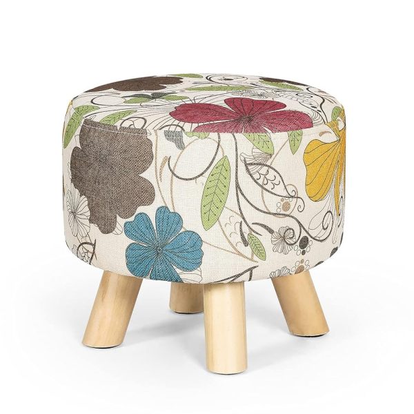 Asense Small Round Ottoman Foot Rest Stool Linen Padded Seat Footstool Ottoman with Non-Skid Wooden Legs (Flower,Linen)