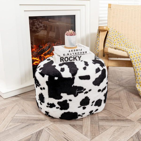 Asuprui Pouf Ottoman Unstuffed, Faux Rabbit Fur Cover, No Filler, 18" Round, Black and White