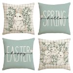 AVOIN colorlife Happy Easter Buffalo Plaid Rabbit Throw Pillow Cover, 18 x 18 Inch Eucalyptus Leaves Hello Spring Cushion Case Decoration for Sofa Couch Set of 4