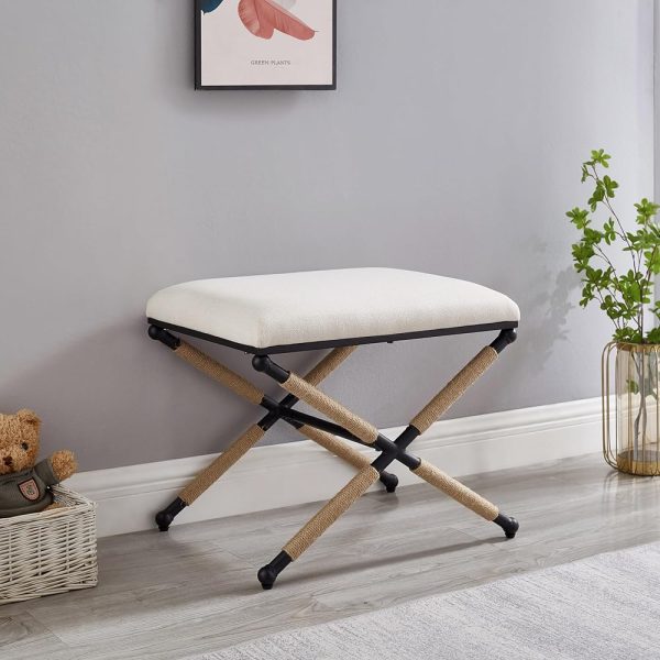 Ball & Cast Upholstered Ottoman Stool X-Metal Frame Foot Rest Padded Vanity Stool, Cream White