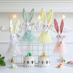 BALONAR Easter Standing Spring Bunny Figurines Set of 4 with Holding Flowers and Gauze Puffy Skirt Easter Rabbit Statue for Easter Home Office Spring Holiday Decor (Colorful)