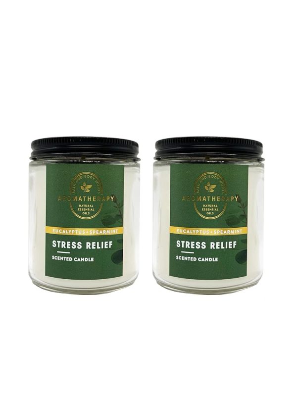 Bath & Body Works Stress Relief Aromatherapy Scented Candles | Eucalyptus Spearmint Scent | | Soy Based Wax | dfrDhp | NaturalEssential Oils | 2 Pack | 7 Oz Each