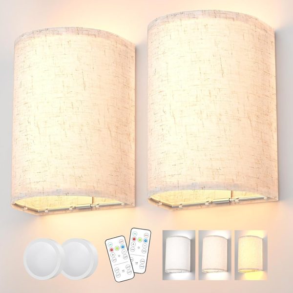 Battery Operated Wall Sconces Set of Two, Rechargeable Wall Lamp with Remote, 3 Colors Dimmable Fabric Wireless Sconces Wall Decor Set of 2 with Timer for Bedroom Living Room…