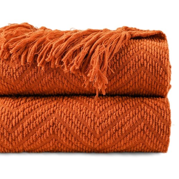 BATTILO HOME Burnt Orange Throw Blanket for Couch, Knit Fall Decor Blanket Versatile for Chair, Decorative Halloween Blanket with Tassels for Twin Bed, 60" x 80"