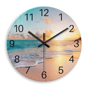 Beach Wall Clock Battery Operated 12 Inch - Glass Wall Clock Non Ticking - Analog Blue Wall Clock for Bedroom Living Room Kitchen Bathroom Office