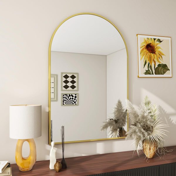 BEAUTYPEAK 20"x30" Arch Bathroom Mirror, Wall Mounted Mirror, Gold Vanity Wall Mirror w/Metal Frame for Bedroom, Entryway, Living Room