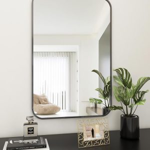 BEAUTYPEAK 24" x 36" Rectangular Aluminum Alloy Frame Wall Mounted Bathroom Mirror with Rounded Corners, Black