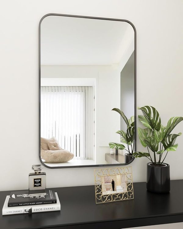 BEAUTYPEAK 24" x 36" Rectangular Aluminum Alloy Frame Wall Mounted Bathroom Mirror with Rounded Corners, Black