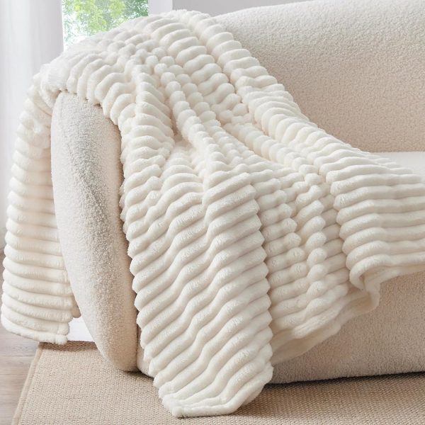 BEDELITE Fleece Throw Blanket for Couch - 300GSM Soft & Warm Fluffy Cream White Blanket, Decorative and Giftable Striped Blankets for Women, Men, 50"x60"