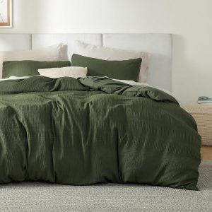 Bedsure Faux Muslin Duvet Cover Queen - Gauze-Like Waffle Weave Textured Duvet Cover Queen Size, Soft and Breathable Bedding Comforter Cover Set, 3 Pieces Set, Olive Green