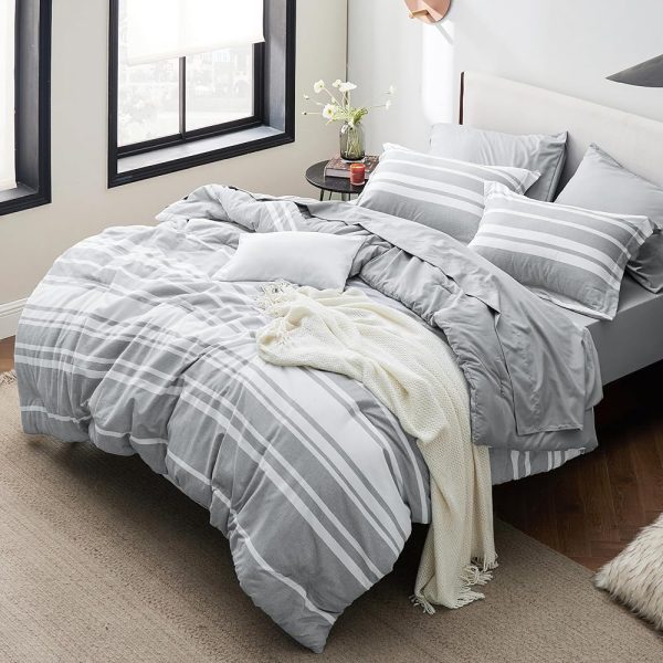 Bedsure Queen Duvet Cover Grey White Striped - Super Soft Cationic Dyed Duvet Cover for Kids with Zipper Closure, 3 Pieces, Includes 1 Reversible Duvet Cover (90"x90") & 2...