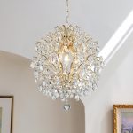 Bestier Modern Gold Pendant Chandelier Crystal Raindrop Lighting Ceiling Light Fixture Lamp for Dining Room Bathroom Bedroom Livingroom entryway 3 E12 Bulbs Required D16 in x...