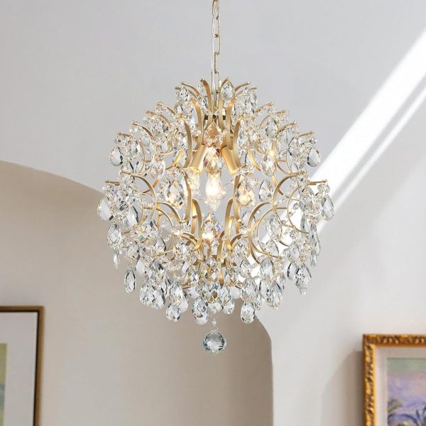 Bestier Modern Gold Pendant Chandelier Crystal Raindrop Lighting Ceiling Light Fixture Lamp for Dining Room Bathroom Bedroom Livingroom entryway 3 E12 Bulbs Required D16 in x...