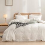 BESTOUCH Duvet Cover Set 100% Washed Cotton Linen Feel Super Soft Comfortable Chic Lightweight 3 PCs Home Bedding Set Solid Off White Queen